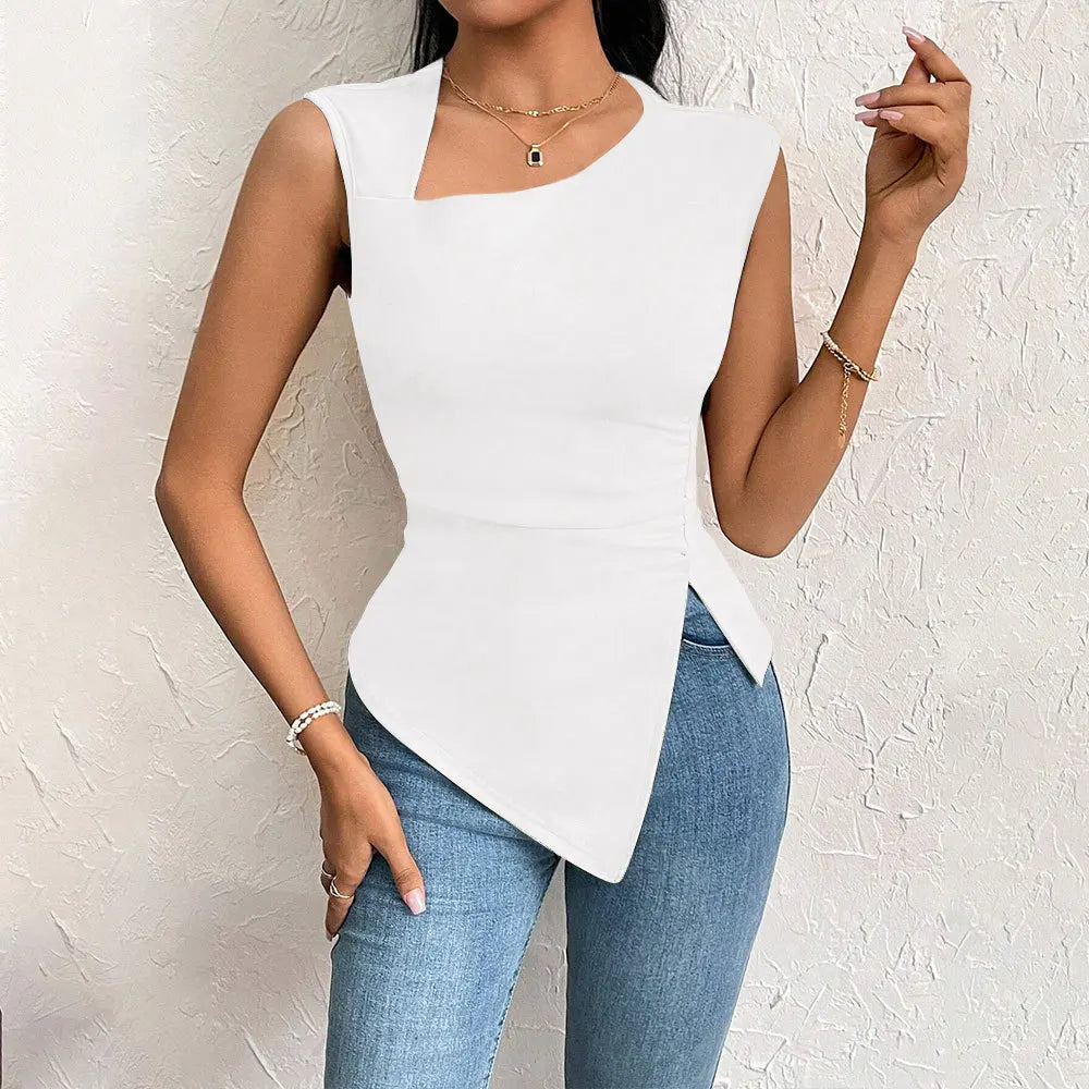 Spring Summer Elegant Stylish Daily Dating Casual Women's Sleeveless Tops Side Ruched Asymmetric Hem One-Shoulder Cut out