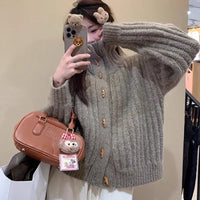 Vintage Soft And Supple Design Sensibility Horn Button polo/turtle Neck Women's Winter Idle Style Loose-Fit Thickened Knitted Ca