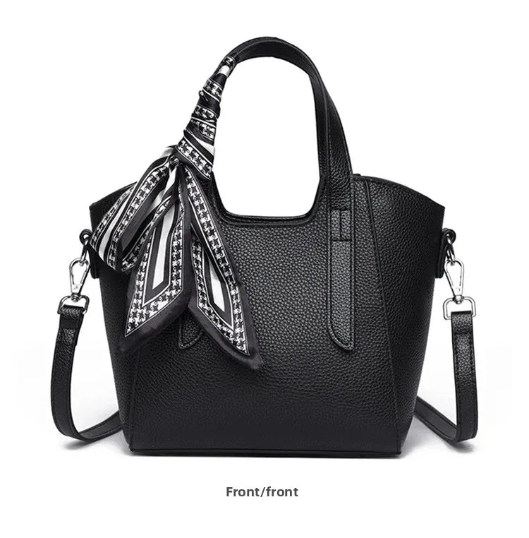 Pure Leather Cowhide Single Shoulder Crossbody Bag Ladies Handbag Fashion Bucket Bag Simple Basket Comes with Scarf