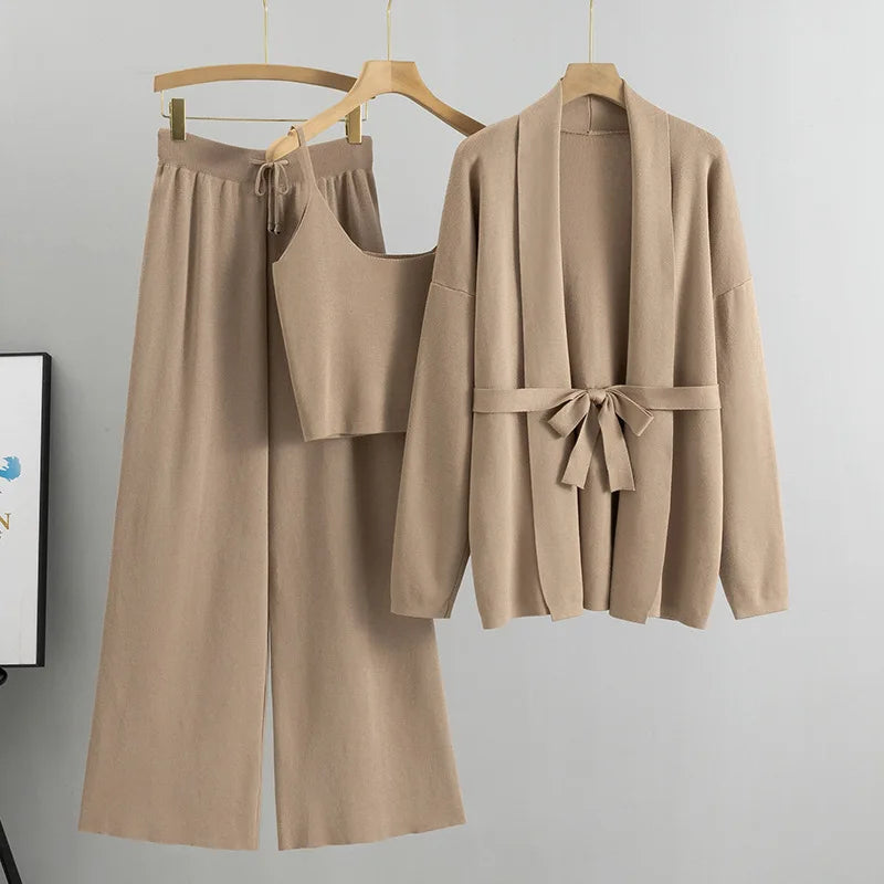 Loose Casual Fashion Set Women's Spring and Autumn Knitted Cardigan Jacket Camisole Wide Leg Pants Three Piece Set Natalia Home Fashion    Natalia Home Fashion