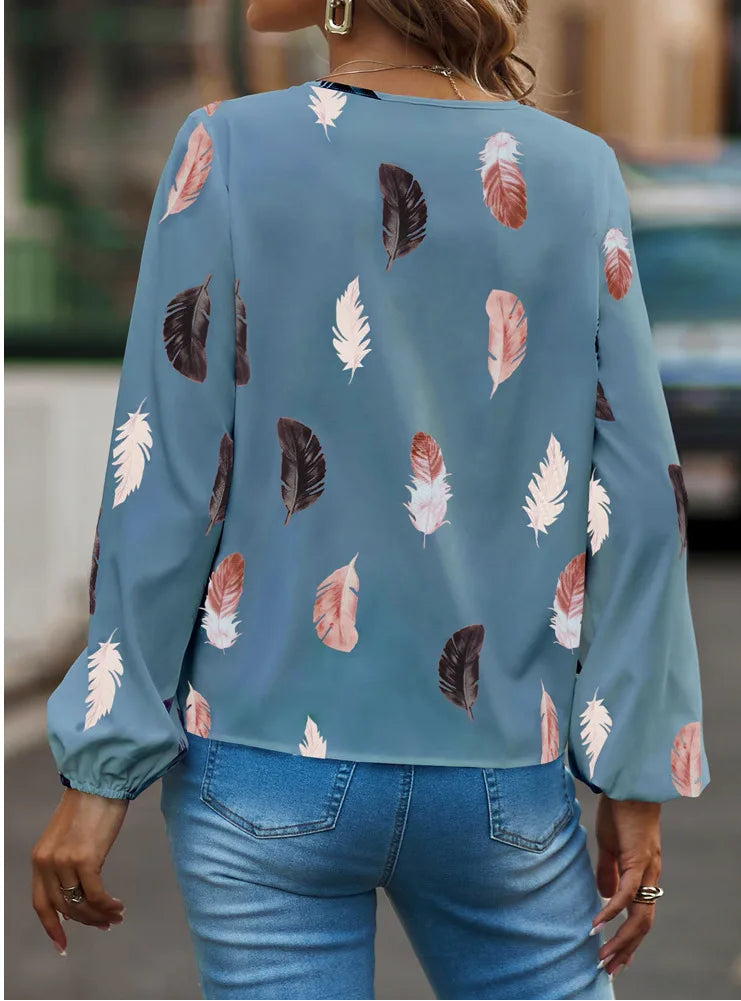 Fashion Woman Blouse Shirts For Women Stylish Top long Sleeve Feather Pattern Female Tops Elegant Chiffon Mujer Woman Clothes Natalia Home Fashion    Natalia Home Fashion