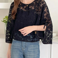 Round Neck Lace Shirt Women's Summer Floral Print Tie Dotted Cotton Blend Full Sleeve Slim Fit Button up Top