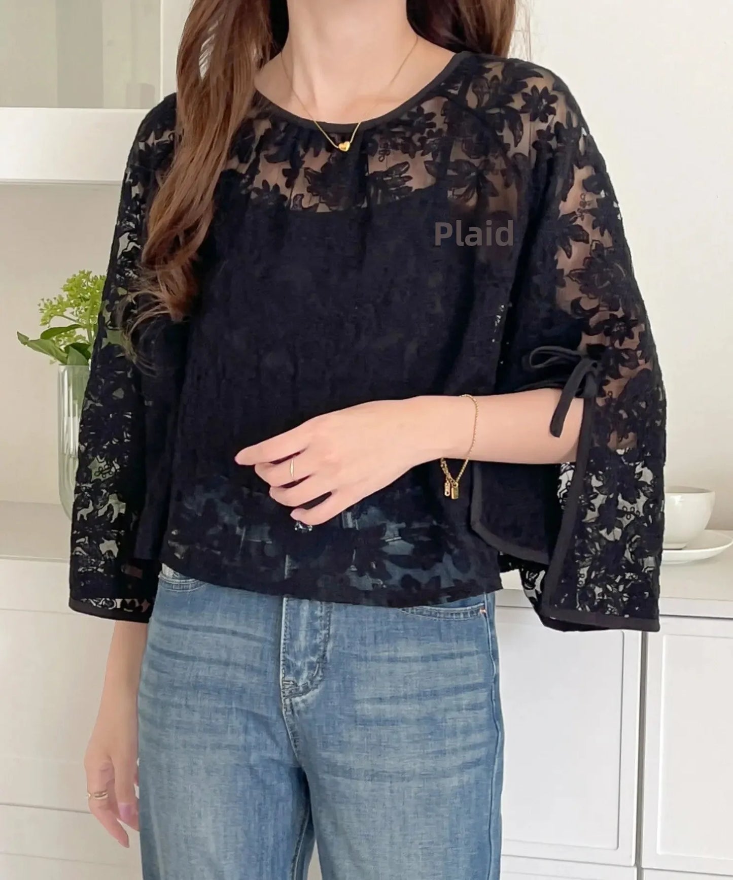 Round Neck Lace Shirt Women's Summer Floral Print Tie Dotted Cotton Blend Full Sleeve Slim Fit Button up Top
