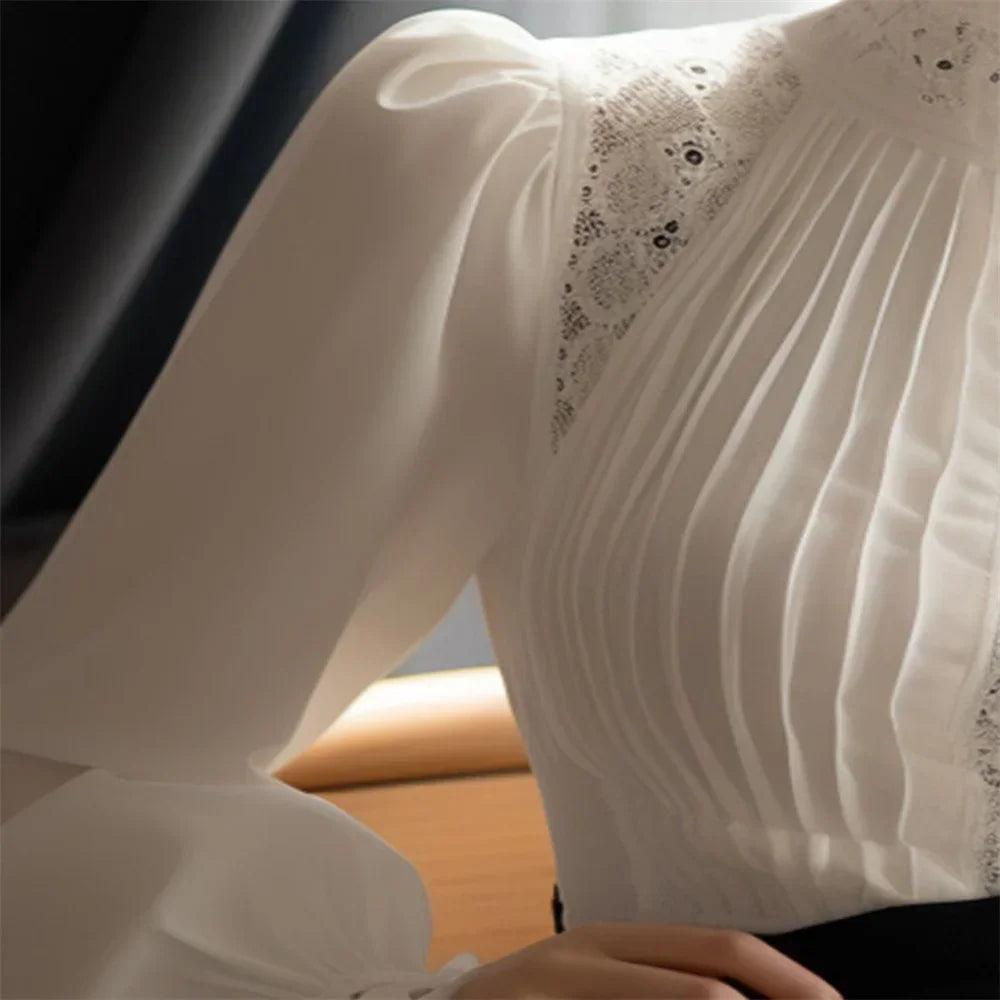 Spring Ladies Patchwork Lace Hollow Out Long Sleeve Shirt Tops 2024 New Korean Fashion Women's Solid Color Stand Collar Blouses Natalia Home Fashion    Natalia Home Fashion