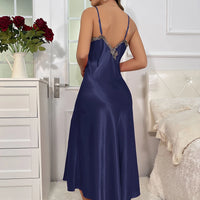Contrast Lace  Long Sleeve Belted Robe V Neck Slip Dress Sexy Elegant Women Pajamas  Sets