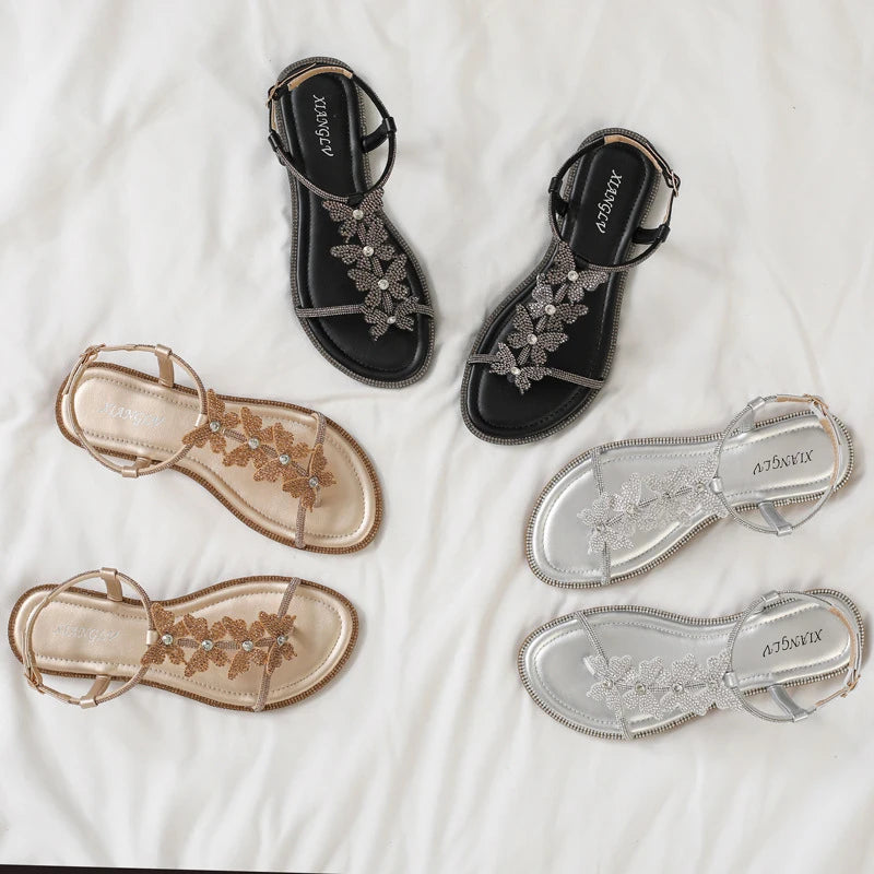 Single-strap rhinestone bow flat sandals, new summer fashion, simple and stylish, suitable for outdoor wear, Roman beach shoes