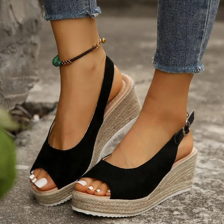 Women's Platform Sandals Summer New Large Size Fish Mouth Slope Heel Stones Pattern Shoes Thick Bottom Clog Casual Slip-On