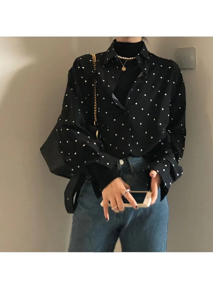 Chic Polka Dot Long Sleeve Shirt Women's Turn-down Collar French Style Simple Design Spring Summer New Arrival