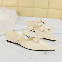 French Wedge Heel Pointed Head Sandals Versatile Bow Medium Heel Half Slippers Women