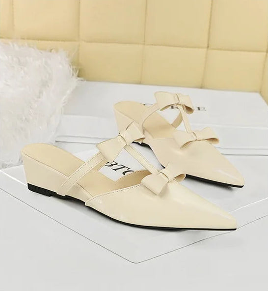 French Wedge Heel Pointed Head Sandals Versatile Bow Medium Heel Half Slippers Women
