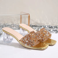 Shiny Sequins High Heel Slippers for Women Summer Fashion Square Toe Transparent Heeled Sandals Woman Glitter Slides - Natalia Home Fashion