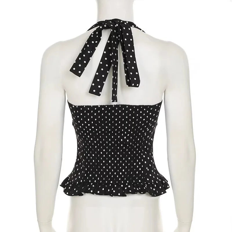Polka Dot Print Tops Women Halter Low-Neck Bandage Ruffles Backless Sleeveless Skinny Fashion Street Versatile Vest