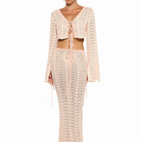 Sexy Knit V-neck Long Sleeve Lace-up Top Beach Half Skirt Two-piece  Summer Women's Casual Outfit Swimsuit Cover Up Set
