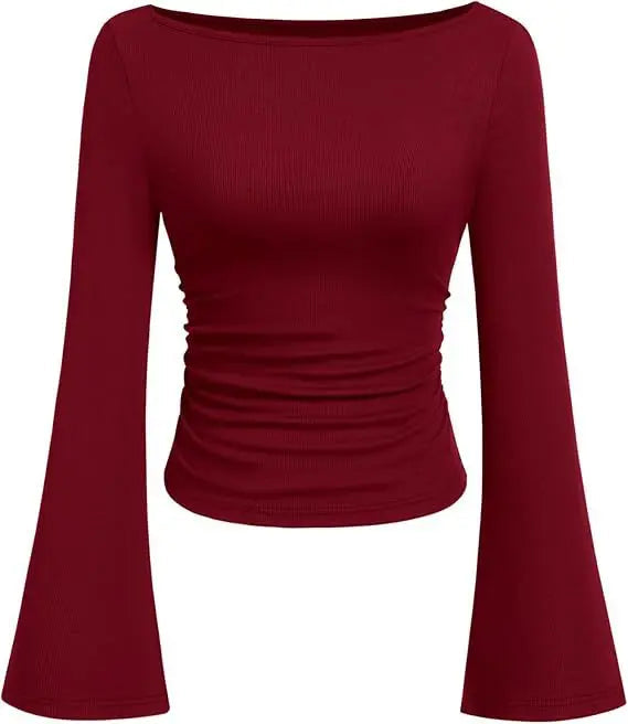 European and American Solid Color Boat Collar Flared Sleeve T-shirt for Women 2025 Autumn Slim Fit Pleated Slim Top Long Sleeves Natalia Home Fashion    Natalia Home Fashion