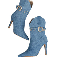 Denim Winter Women's Pointed Sexy Side Zipper, Thin Heel, Ultra High Heel, Leg Show, Long Fashion Short Boots for Women