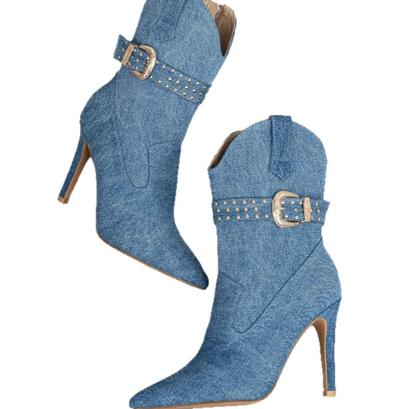 Denim Winter Women's Pointed Sexy Side Zipper, Thin Heel, Ultra High Heel, Leg Show, Long Fashion Short Boots for Women