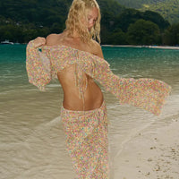 Chiffon Floral 2 Pc Bikini Set Long Sleeve Backless Crop Tops Women Transparent Bodycon Skirts Sexy Beach Casual