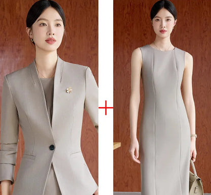 Elegant Professional Suit Dress Two-Piece Set Workwear Beauty Salon Uniform Long Sleeve Formal Outfit Polyester Fiber