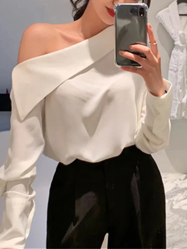 Off Shoulder Elegant Office Women's Shirt Top Fashionable Sexy Women Long Sleeved Chiffon Top