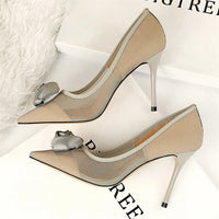 Women's Sexy Nightclub Pole Dancing Show Thin Heels High Mesh Hollowed Out Satin Rose Flower Woman Pumps