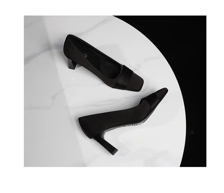 Elegant Satin High Heels Square Toe Slip-On Chunky Heel Comfortable Women's Shoes for Party Fashion Footwear Summer Autumn