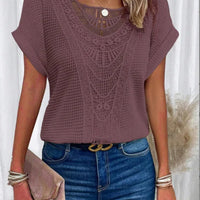 T shirt women 2026 fashion Spring Summer New lace patchwork short-sleeved T-shirt solid color tshirt women's clothing Natalia Home Fashion    Natalia Home Fashion