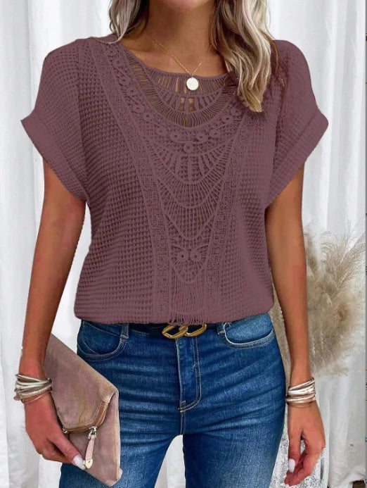 T shirt women 2026 fashion Spring Summer New lace patchwork short-sleeved T-shirt solid color tshirt women's clothing Natalia Home Fashion    Natalia Home Fashion