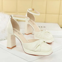 One-Strip Ultra-High Heel Sandals Platform Thick Heel Bow Women Shoes Square Toe Shallow Mouth Hollow Shoes