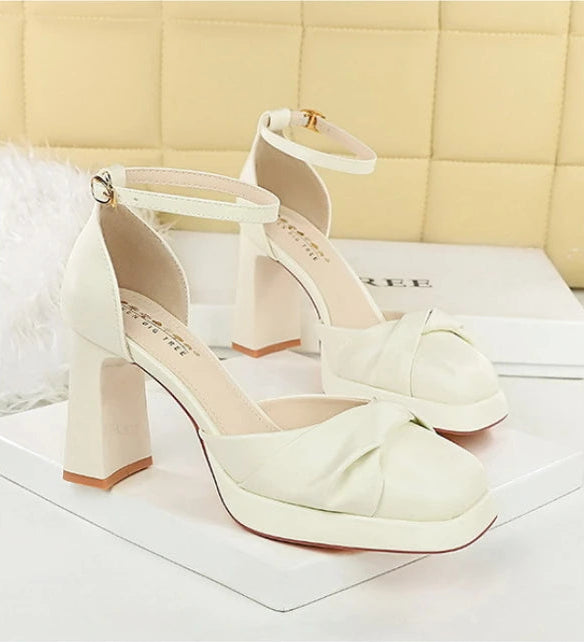 One-Strip Ultra-High Heel Sandals Platform Thick Heel Bow Women Shoes Square Toe Shallow Mouth Hollow Shoes