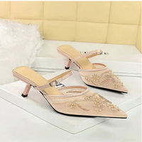 Sexy Embroidered Lace Mesh Slip-On Shoes with Fine Heel And Straps Hollow out Design for Women Fashionable Summer Slippers - Natalia Home Fashion