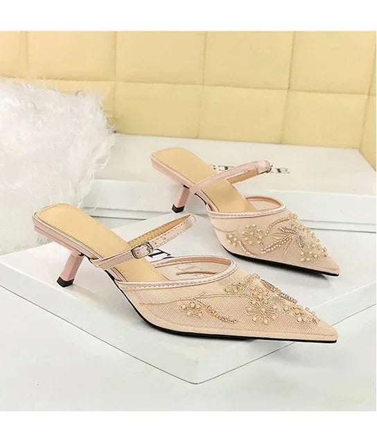 Sexy Embroidered Lace Mesh Slip-On Shoes with Fine Heel And Straps Hollow out Design for Women Fashionable Summer Slippers - Natalia Home Fashion