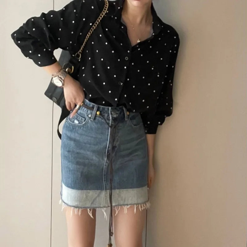 Chic Polka Dot Long Sleeve Shirt Women's Turn-down Collar French Style Simple Design Spring Summer New Arrival