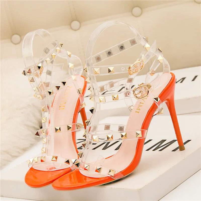 Summer Women 10cm Super High Heels Sandals Rivets Studded Stripper Valentine Strap Heels  Wedding Luxury Shoes