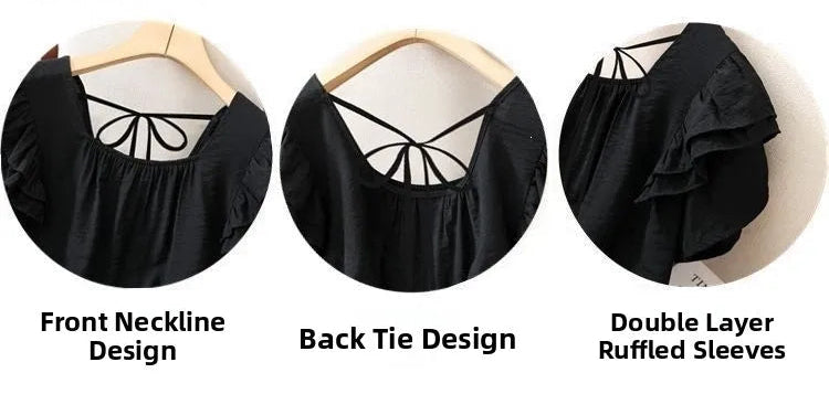 Loose Summer Top Black Square Collar Short Sleeve Women's Fashion plus Size Clothing Breathable Comfortable Cotton Fabric