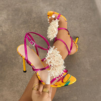 Ladies High Heel Sandals with 3D Fluffy Flower Decorations round Toe Thin Heel Spring Summer Night Club Fashionable Party Shoes
