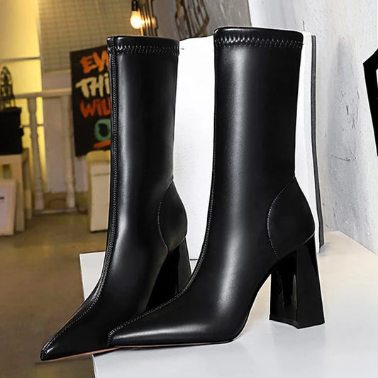 Mid-Calf Boots Chunky Block Heels Women Boots Pointed High-Heeled Boots Lady Pu Leather Boots Autumn Winter Shoes