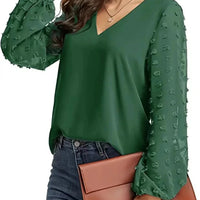 Nice Women Spring Summer Style Blouses Shirts Lady Casual V-Neck Long Lantern Sleeve Solid Color Blouse Tops Natalia Home Fashion    Natalia Home Fashion