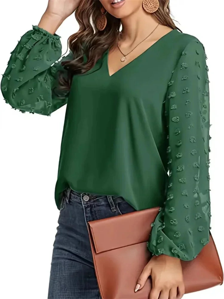 Nice Women Spring Summer Style Blouses Shirts Lady Casual V-Neck Long Lantern Sleeve Solid Color Blouse Tops Natalia Home Fashion    Natalia Home Fashion