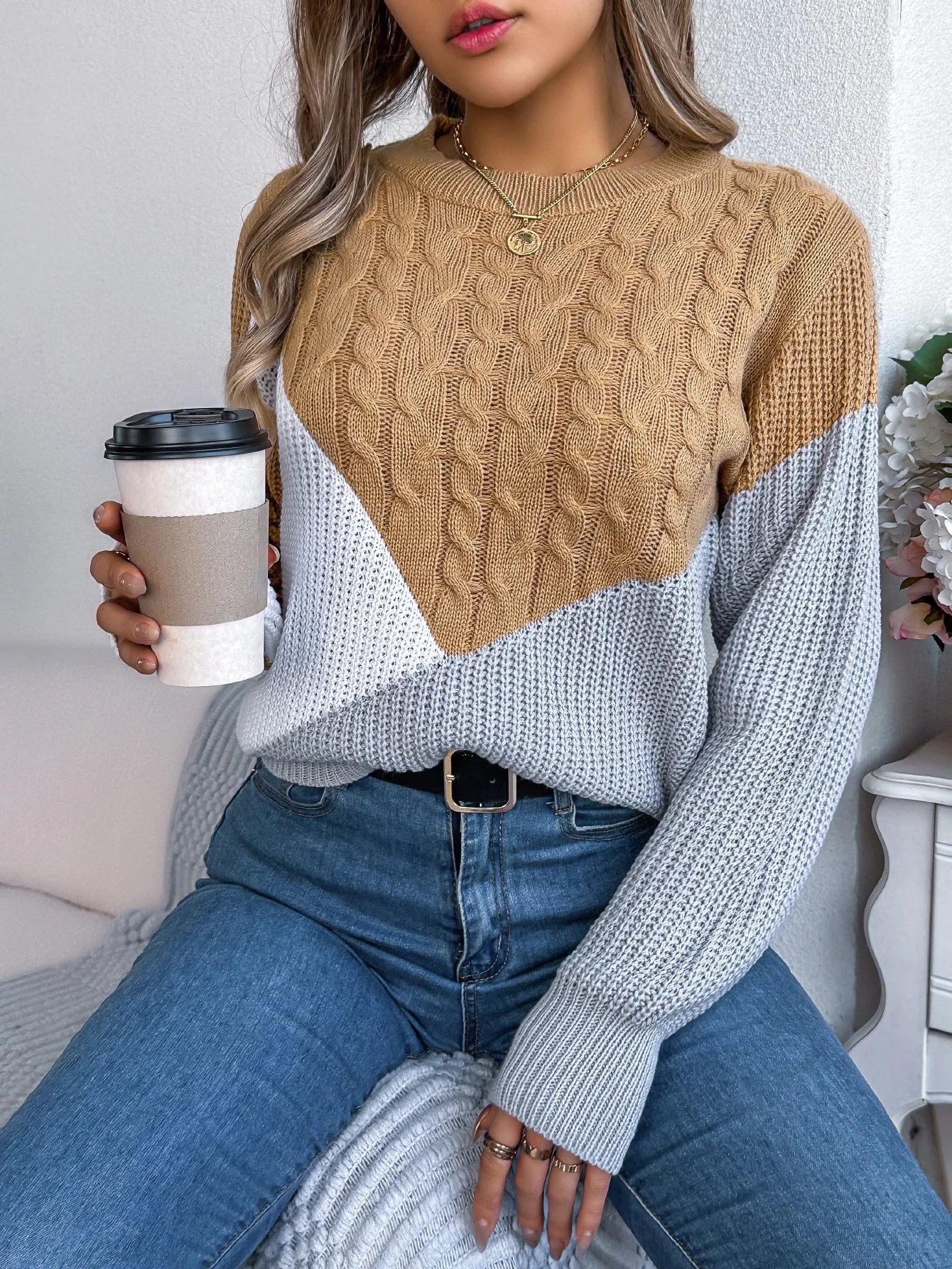 Women's Sweater Tops Sweaters Women Female Woman Clothing Casual Color-Blocked Long-Sleeved Pullover Sweater