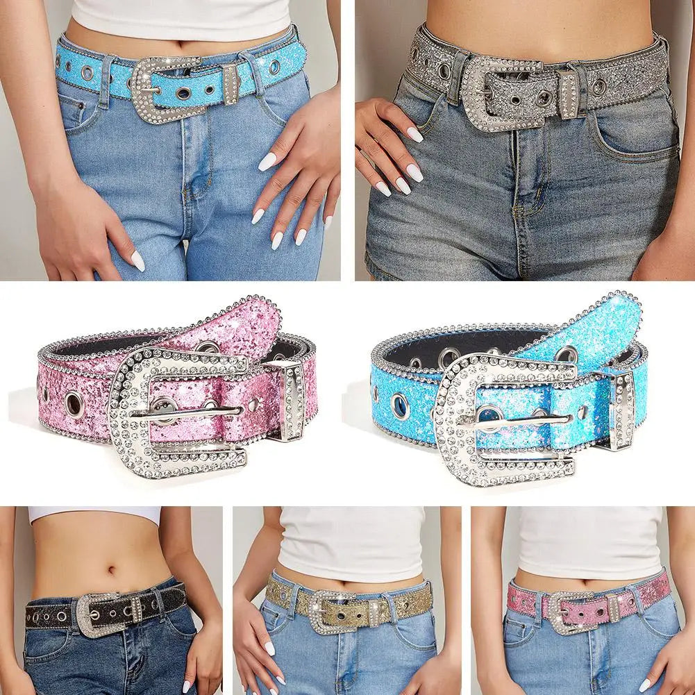 Skull Rivet Rhinestone Bb Belts Trendy Solid Color Sparkling PU Leather Belt Cowboy Cowgirl Jeans Pants Belt For Women Girls Natalia Home Fashion    Natalia Home Fashion