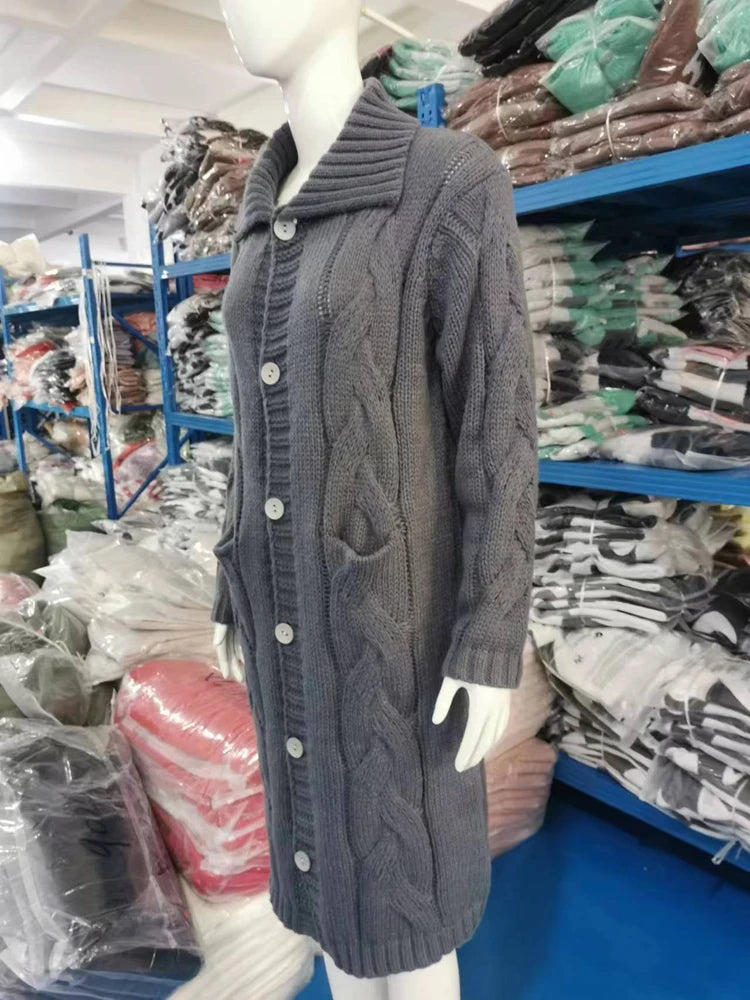 Oversized Women Loose Knitted Sweaters Thick Long Sleeve Pocket Button Knitted Long Cardigan Coats