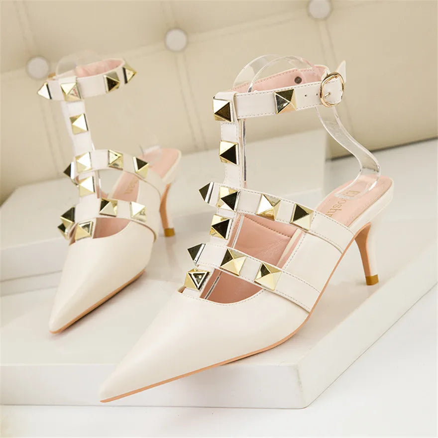 Female Rivets T-strap Sandals Pointy Toe Soft Leather Sexy Women Shoes Comfort 6CM High Heels Ladies Work Dress Shoe