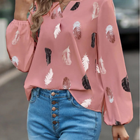 Fashion Woman Blouse Shirts For Women Stylish Top long Sleeve Feather Pattern Female Tops Elegant Chiffon Mujer Woman Clothes Natalia Home Fashion    Natalia Home Fashion