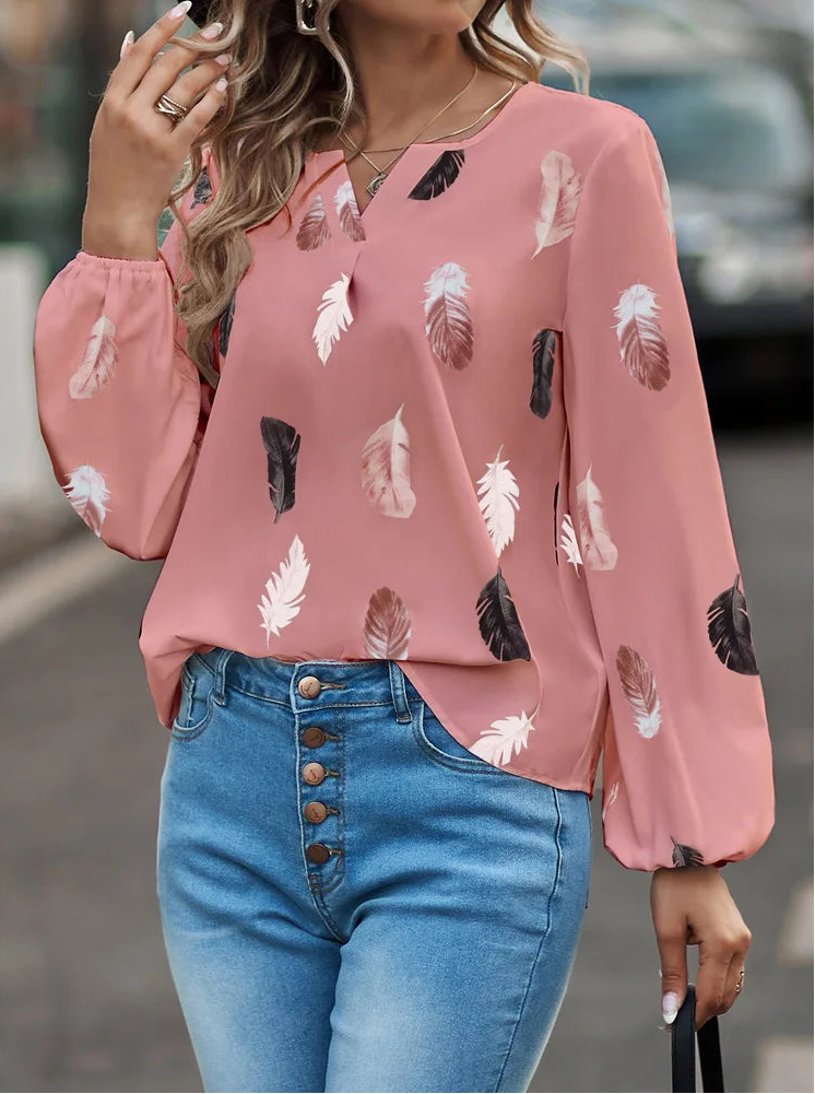 Fashion Woman Blouse Shirts For Women Stylish Top long Sleeve Feather Pattern Female Tops Elegant Chiffon Mujer Woman Clothes Natalia Home Fashion    Natalia Home Fashion