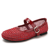French-style rhinestone mesh Mary Jane shoes, breathable shallow single shoes, fairy-style soft-soled flat shoes