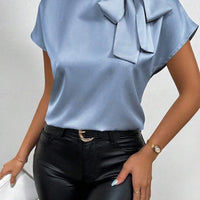 Women's Satin Short-Sleeve Blouse with Tie Collar Large Bow