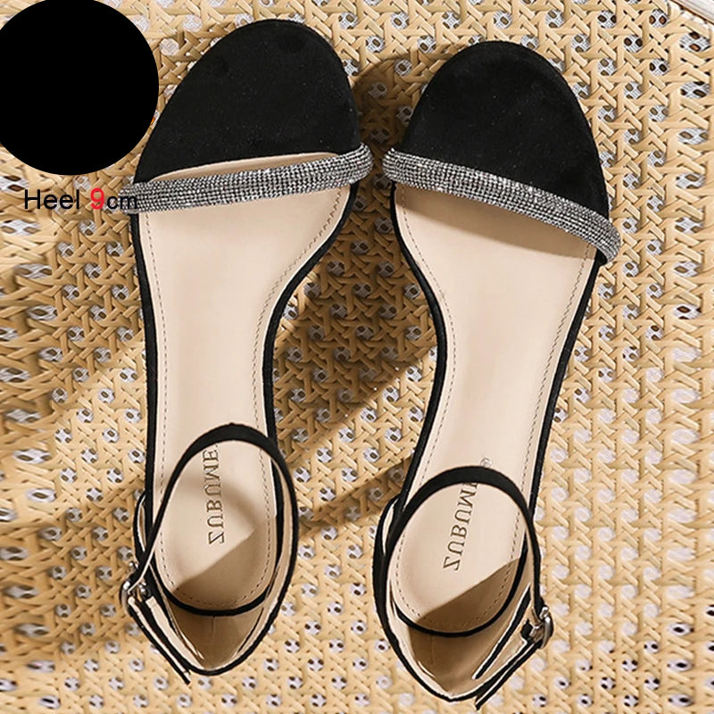 Suede Women's Sandals Thin Heels 9cm Ankle Buckle Rhinestone Straight Straps Cover Heel Ladies Pumps Dress Shoes