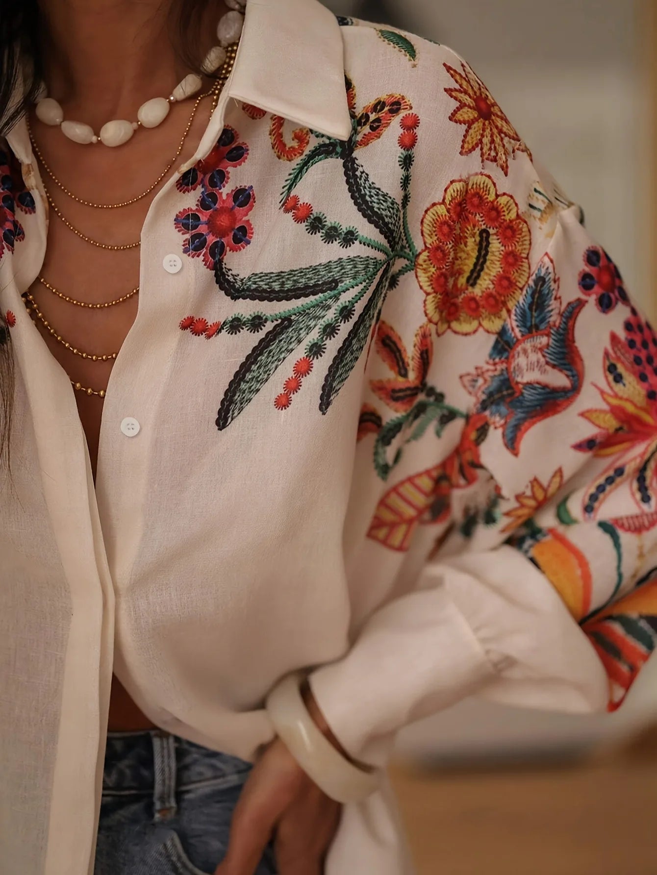 Women's Printed Shirt Long Sleeve Loose Button Cardigan Top Trendy Fashion Casual Blouses for Female