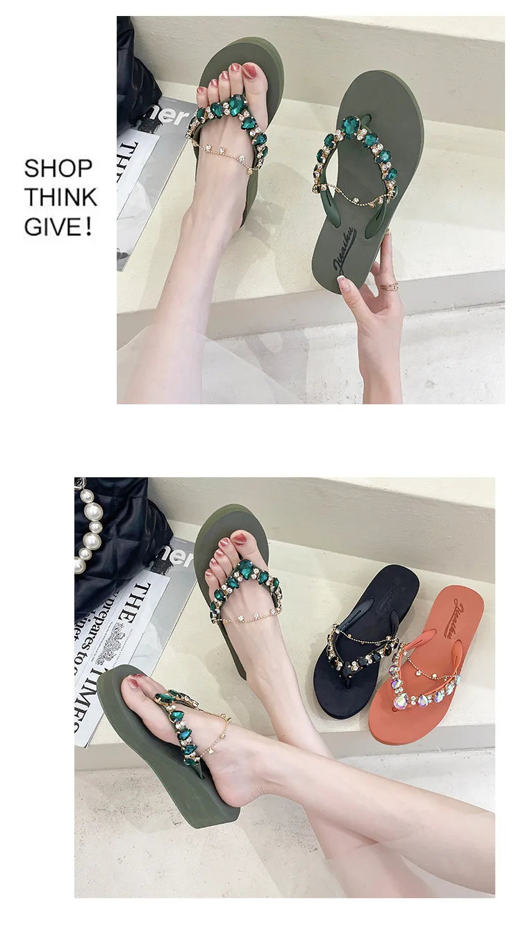 Women Slippers Fashion Summer New Water Diamond Flip Flops Women Outwear Thick Sole Slope Heels Beach Vacation Slippers