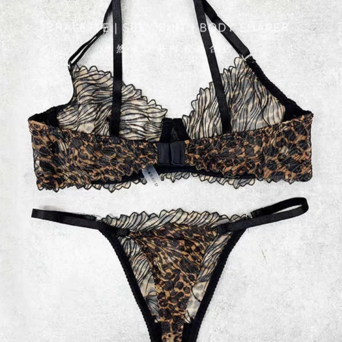Leopard Lace Spliced Sensual Bra And Briefs Suits Strapless Corset Suit Lingerie With Steel Ring Bra Set